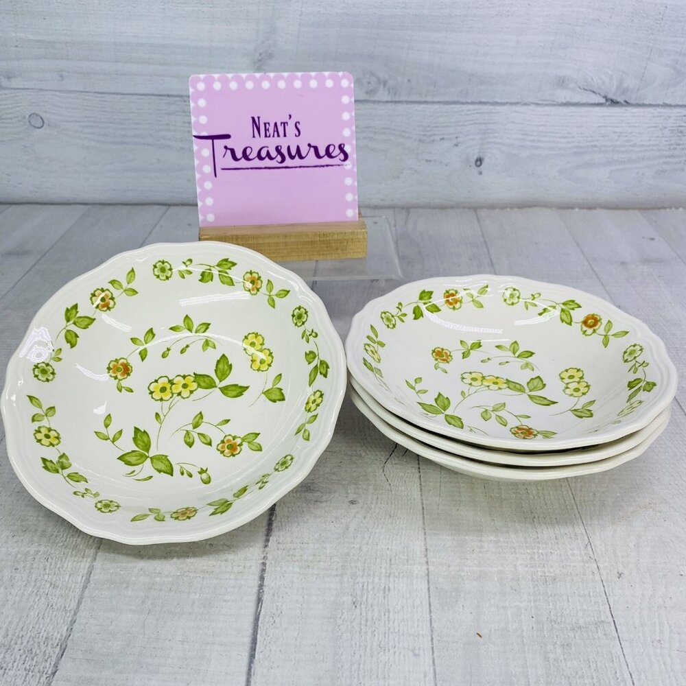 70's Sears PETITE FLORAL Yellow Orange Flower Ironstone Soup Cereal Bowls Set 4